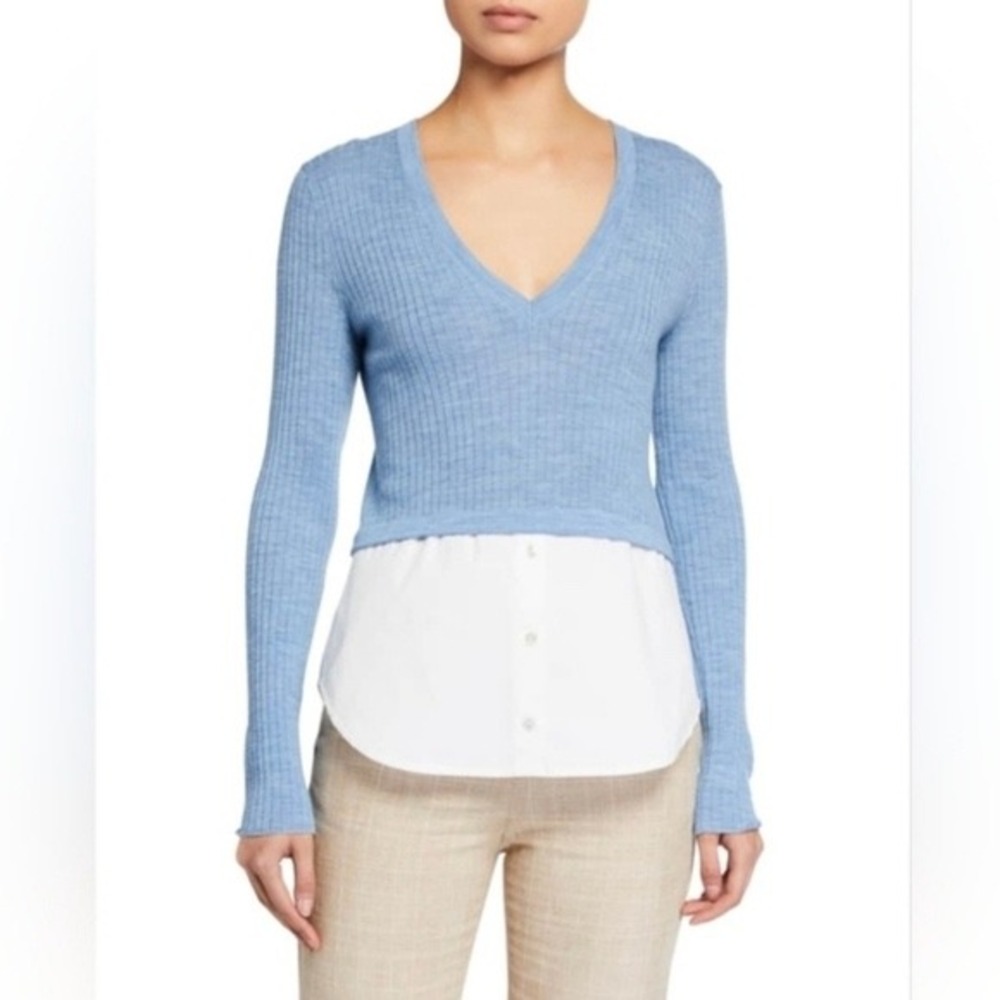 Veronica Beard Lydia Mixed Media Merino Wool Pullover Sweater Blue M